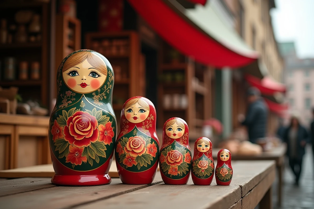 Ensemble de cinq poupées matriochkas russes traditionnelles alignées sur une table en bois dans un marché artisanal, décorées de motifs floraux peints à la main en rouge et or