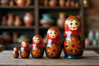 Ensemble de cinq poupées matriochkas russes peintes à la main alignées sur une table en bois, décorées de motifs floraux traditionnels en rouge, or et bleu dans un atelier artisanal