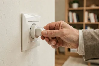 Main insérant une prise européenne dans une prise murale blanche dans un salon moderne