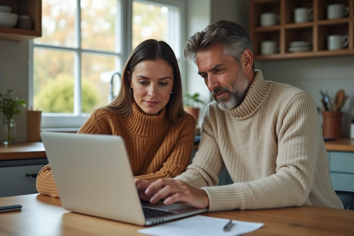 Couple de propriétaires consultant une plateforme d'audit énergétique en ligne depuis leur cuisine
