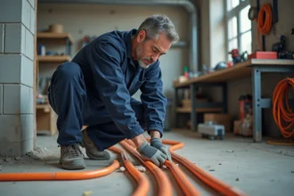 Électricien installant des protège-câbles orange sur le sol béton d'un atelier industriel