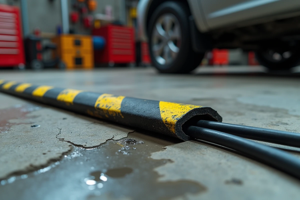 Gros plan sur un protège-câble de sol en caoutchouc dans un garage avec marquage de sécurité
