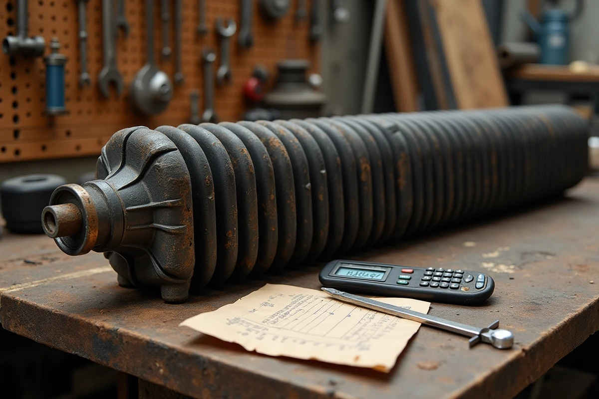 Détail d'un radiateur en fonte d'occasion sur un établi avec outils de mesure pour estimer la puissance thermique