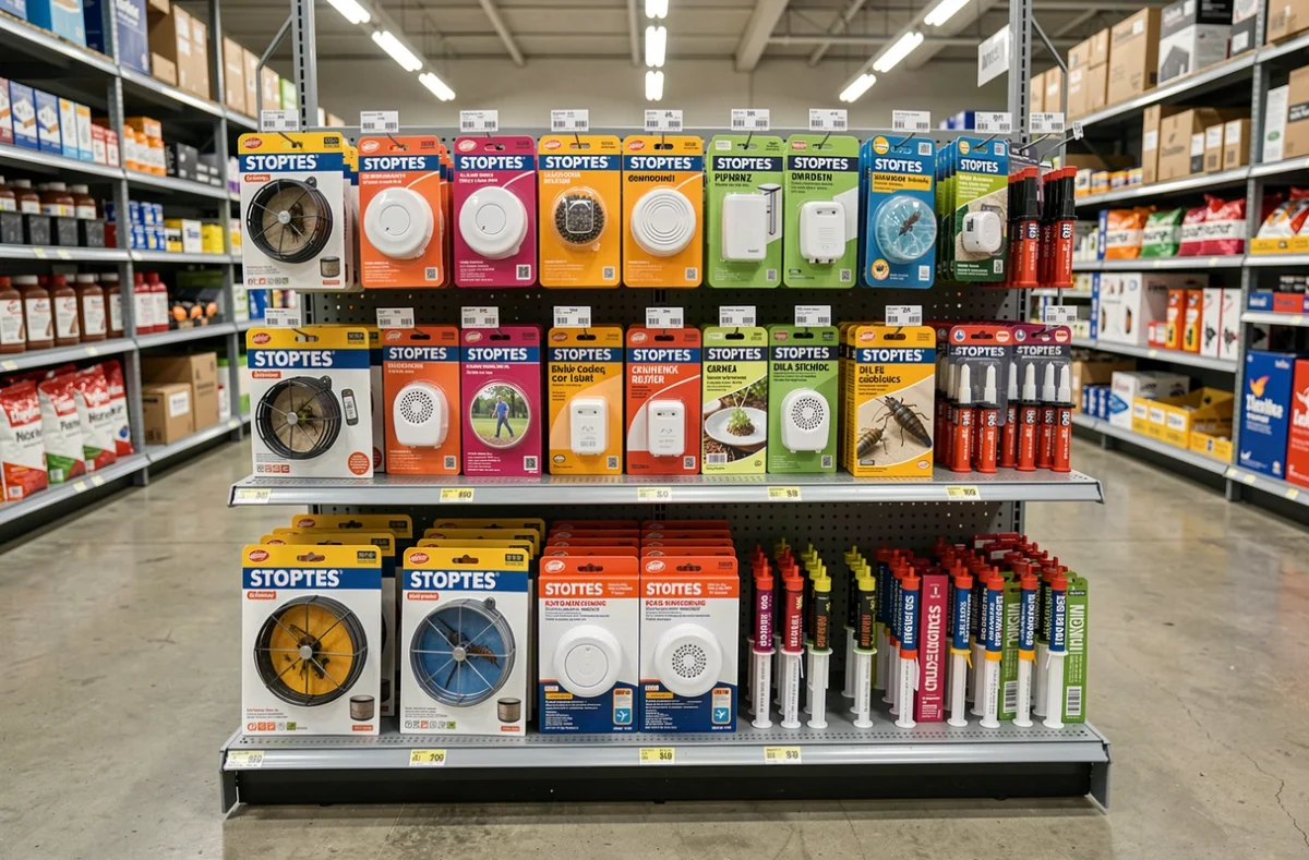 Rayon de grande surface proposant des produits stoptes et pièges anti-nuisibles en libre-service pour particuliers