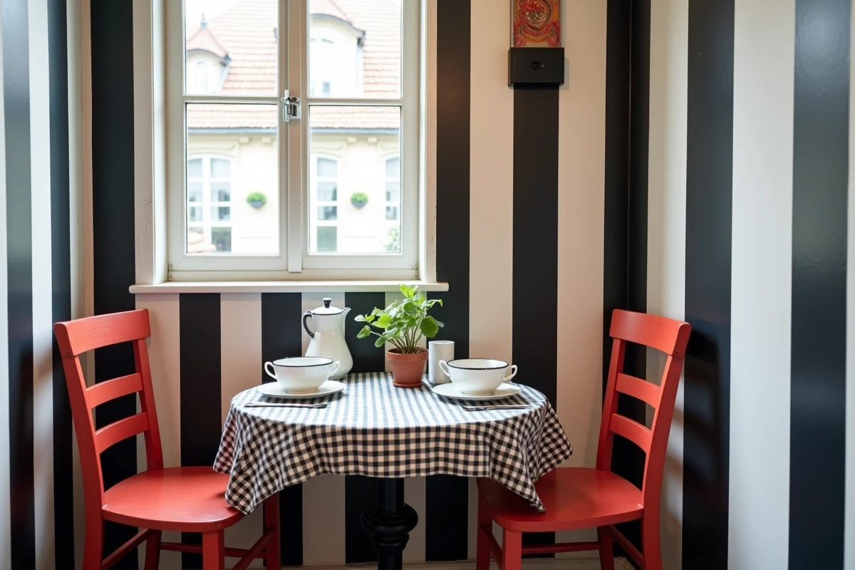 Mur rayé bicolore noir et blanc dans un coin repas esprit guinguette avec table ronde et chaises bistrot rouges