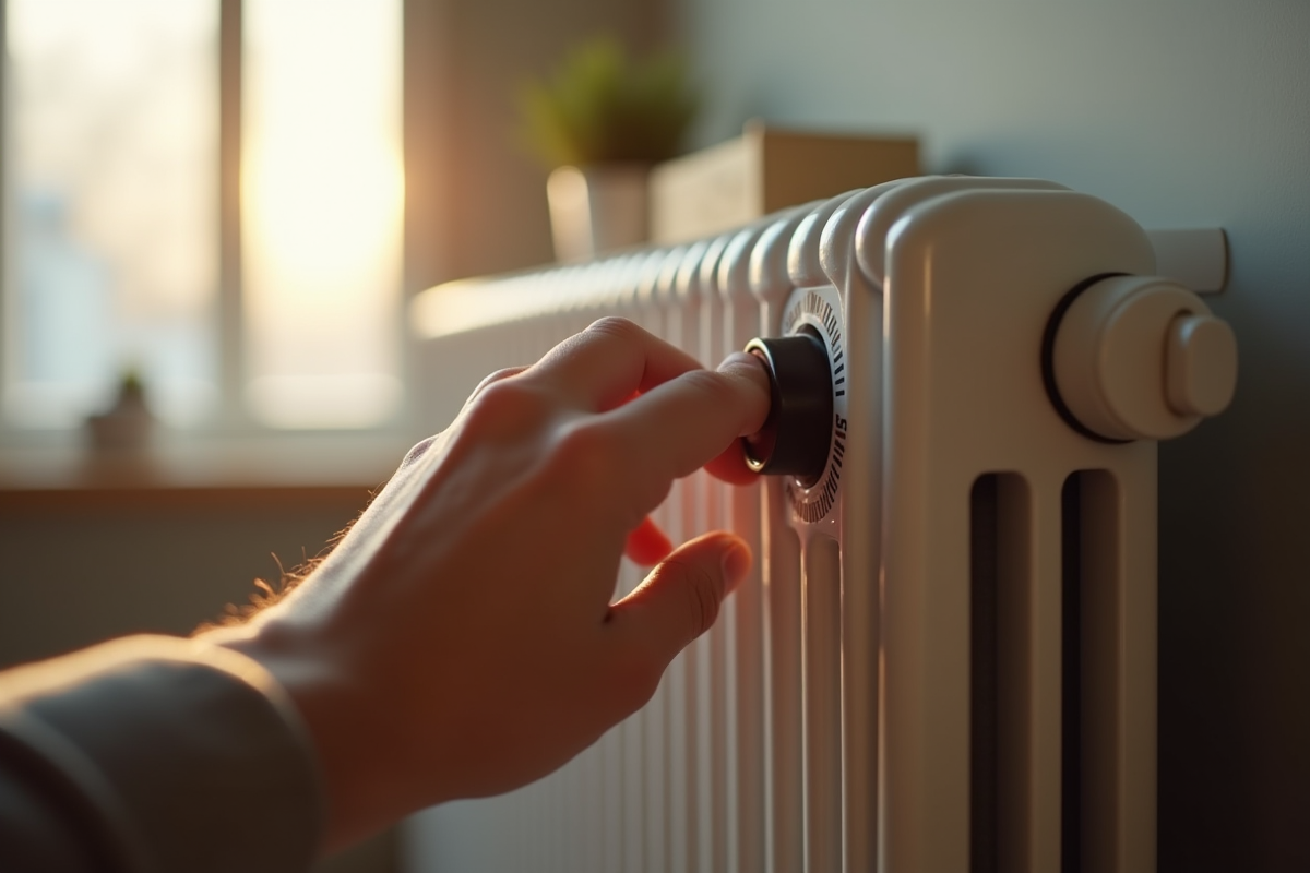 Main ajustant le thermostat d un radiateur électrique