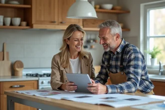 Femme et entrepreneur discutent plans de renovation cuisine