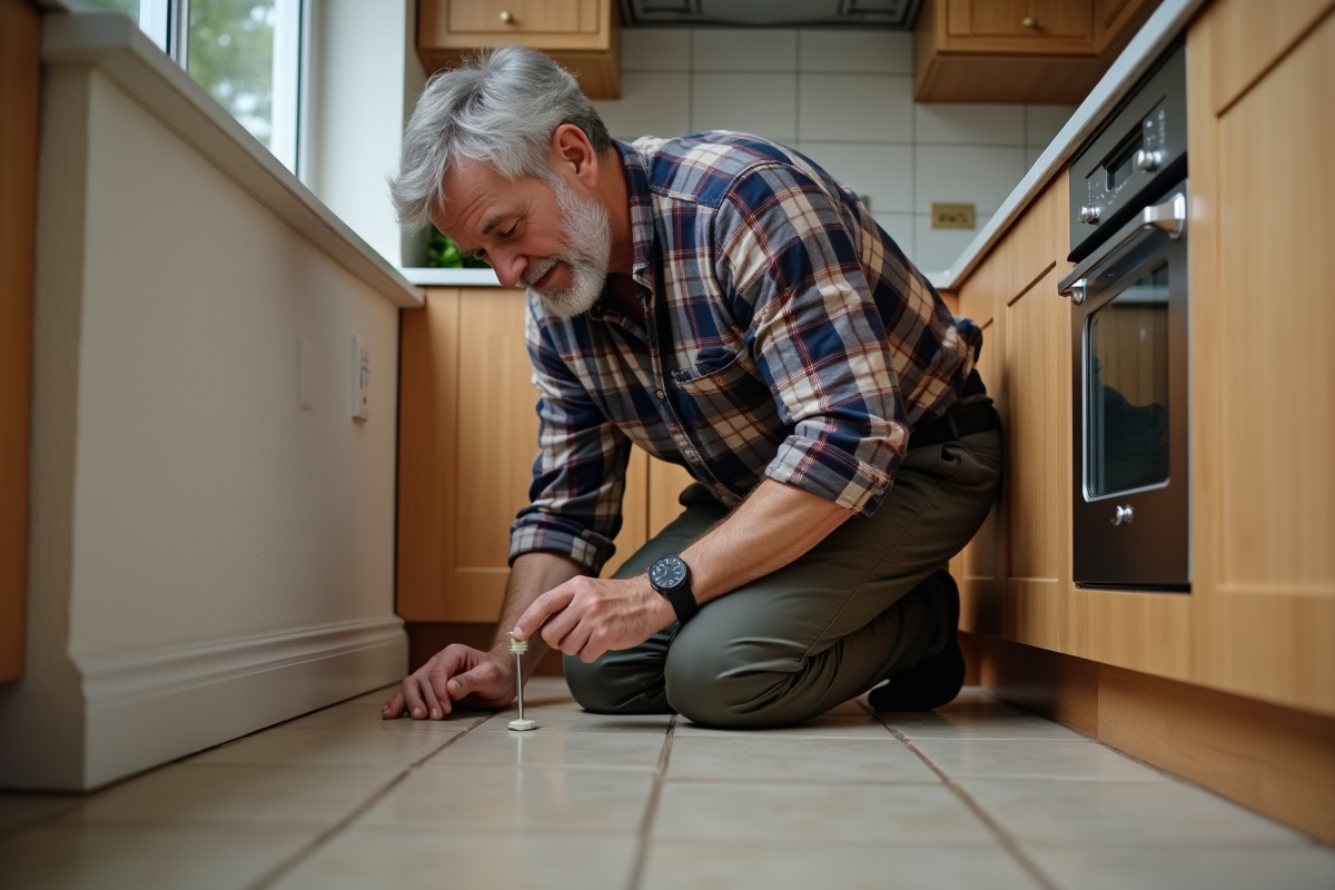 Homme réparant une prise électrique dans la cuisine
