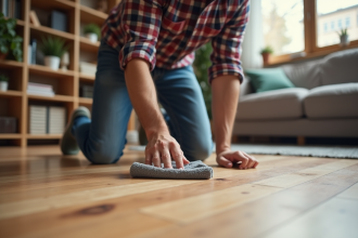 Homme d'âge moyen répare un parquet avec un kit de soin