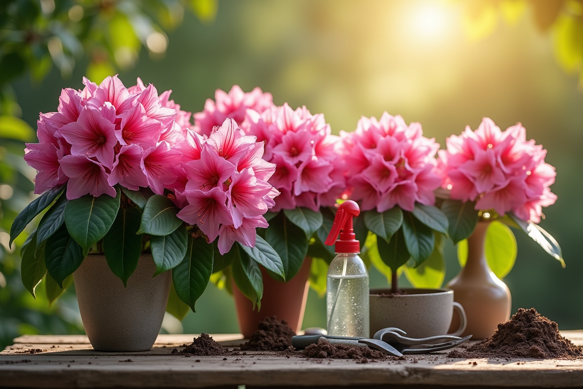 Rhododendrons sur une table en bois avec outils de jardinage