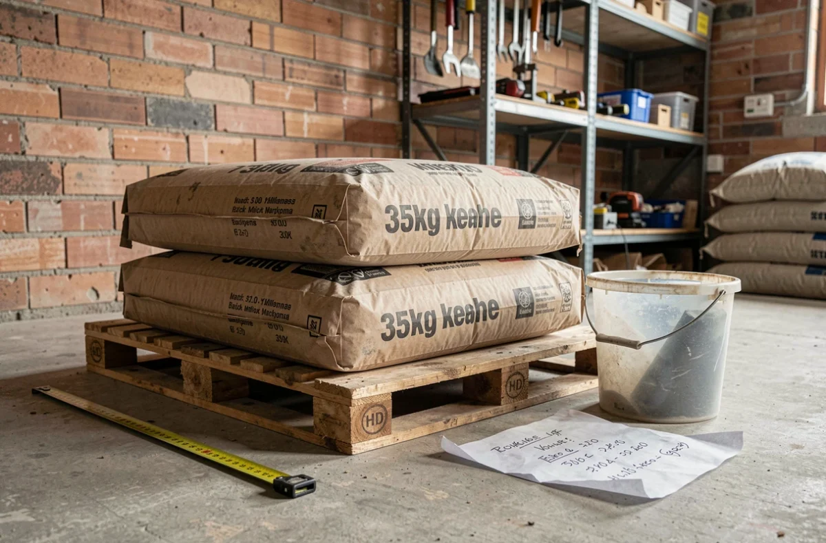 Deux sacs de béton 35kg sur palette avec mètre ruban et calculs manuscrits du volume de béton nécessaire