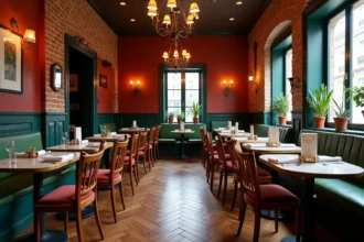 Salle à manger style bistrot français avec chaises en bois vintage, tables en marbre et murs aux tons profonds évoquant une brasserie parisienne
