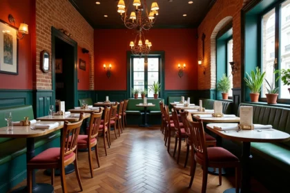 Salle à manger style bistrot français avec chaises en bois vintage, tables en marbre et murs aux tons profonds évoquant une brasserie parisienne