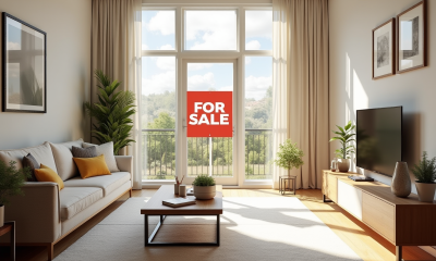 Salon lumineux pour vente avec panneau 'A Vendre' visible