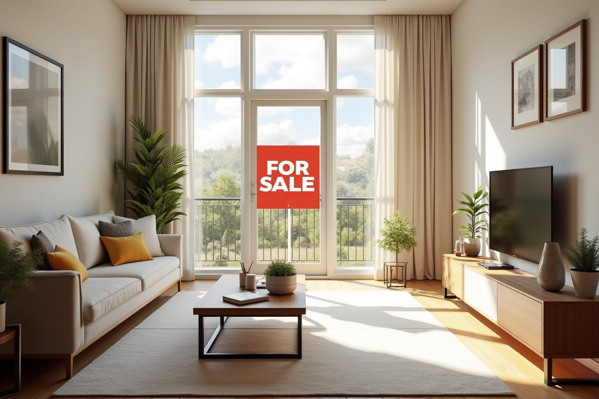 Salon lumineux pour vente avec panneau 'A Vendre' visible
