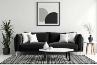 Salon noir et blanc bien équilibré avec canapé velours anthracite, cousins blancs et tapis géométrique, illustrant une décoration harmonieuse sans erreurs de surcharge visuelle