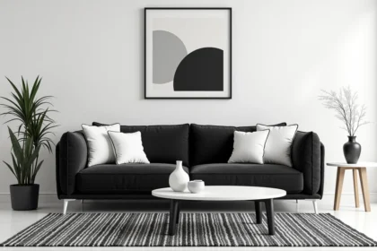 Salon noir et blanc bien équilibré avec canapé velours anthracite, cousins blancs et tapis géométrique, illustrant une décoration harmonieuse sans erreurs de surcharge visuelle