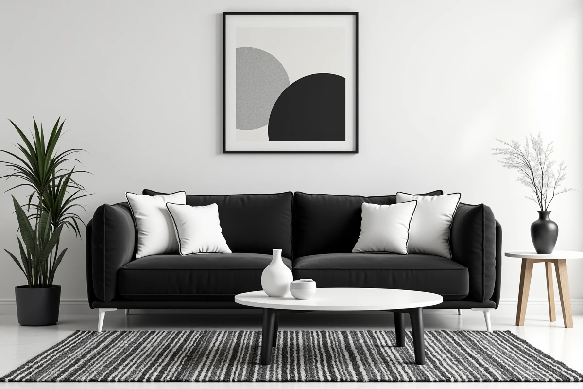 Salon noir et blanc bien équilibré avec canapé velours anthracite, cousins blancs et tapis géométrique, illustrant une décoration harmonieuse sans erreurs de surcharge visuelle