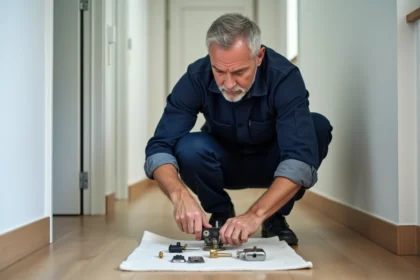 Serrurier examinant un mécanisme de serrure de porte intérieure démonté dans un couloir résidentiel moderne
