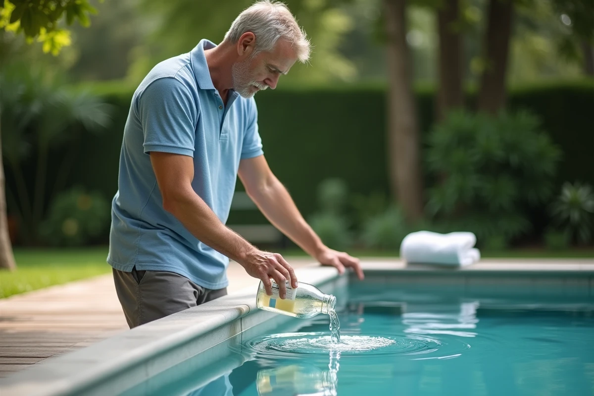 Homme versant du vinaigre naturel dans une piscine pour corriger un surdosage de clarifiant