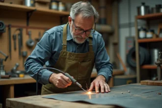 Plombier soudant une feuille de zinc à l'étain sur un établi d'atelier, focus sur la technique de soudage pour éviter les cloques