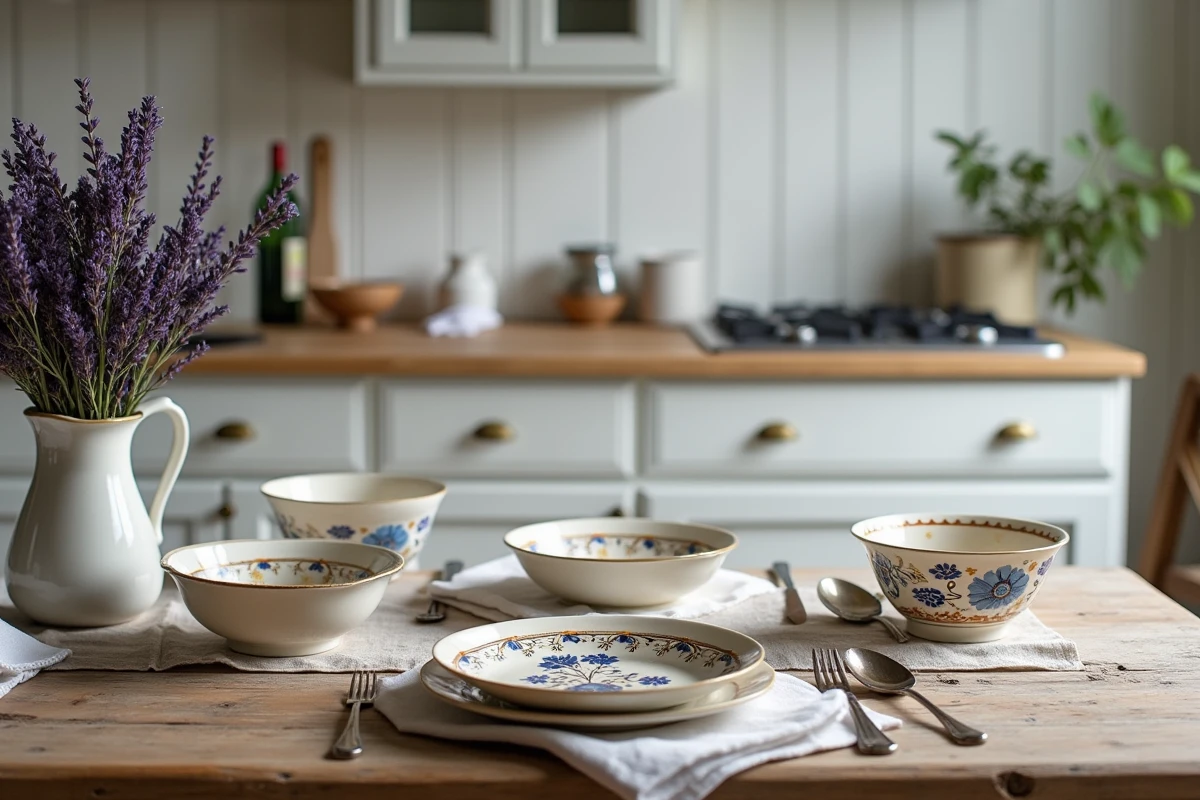 Table de salle à manger bretonne avec vaisselle Henriot Quimper peinte à la main, bols et assiettes aux motifs floraux traditionnels, dans une cuisine de maison de campagne