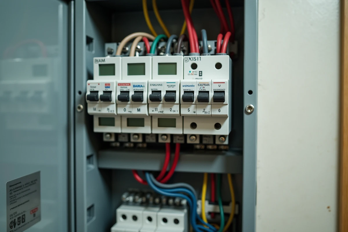 Tableau électrique de sous-comptage ouvert avec disjoncteurs, compteurs d'énergie et câblage coloré dans un immeuble résidentiel