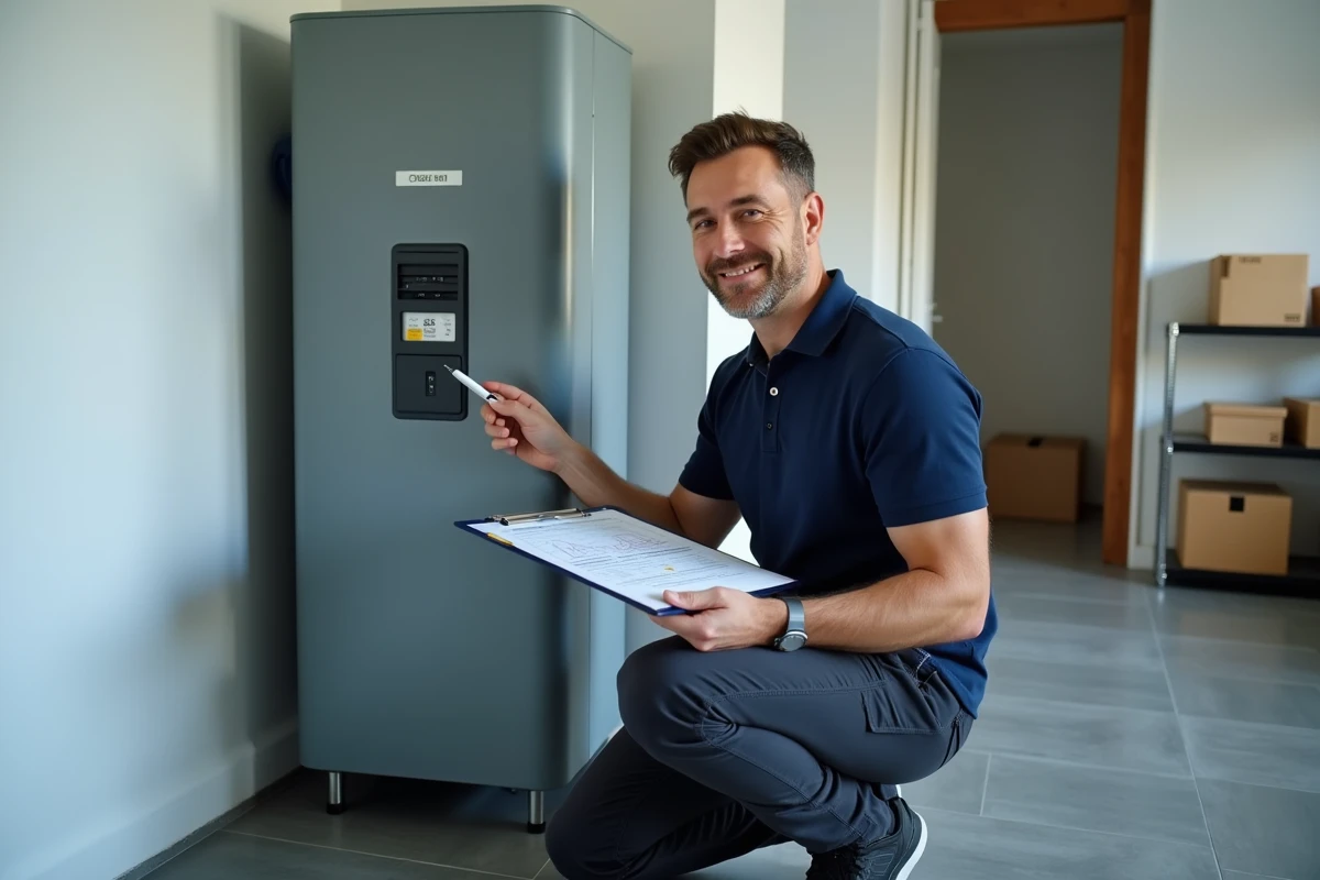 Technicien en énergie analysant un accumulateur électrique thermique dans une chaufferie résidentielle