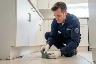 Technicien professionnel anti-nuisibles posant un appât rodenticide sous un meuble de cuisine dans un appartement moderne