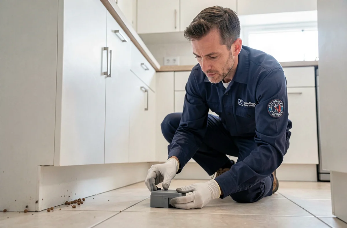 Technicien professionnel anti-nuisibles posant un appât rodenticide sous un meuble de cuisine dans un appartement moderne