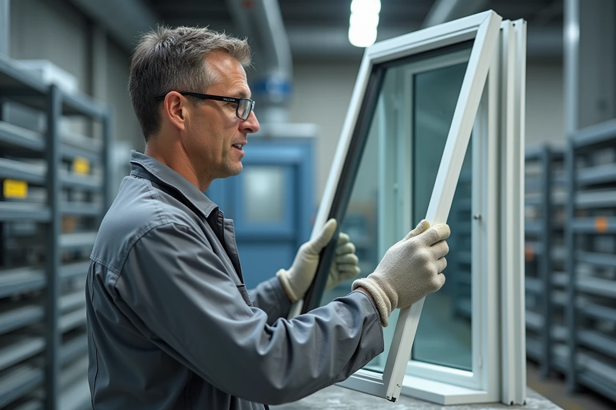 Technicien en atelier inspectant un profilé de fenêtre aluminium traité en peinture RAL 9006