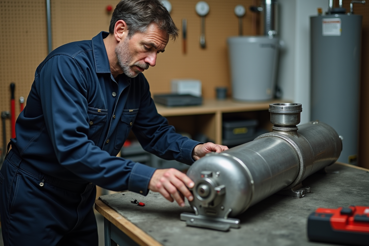 Technicien chauffage examine un échangeur métallique dans un atelier