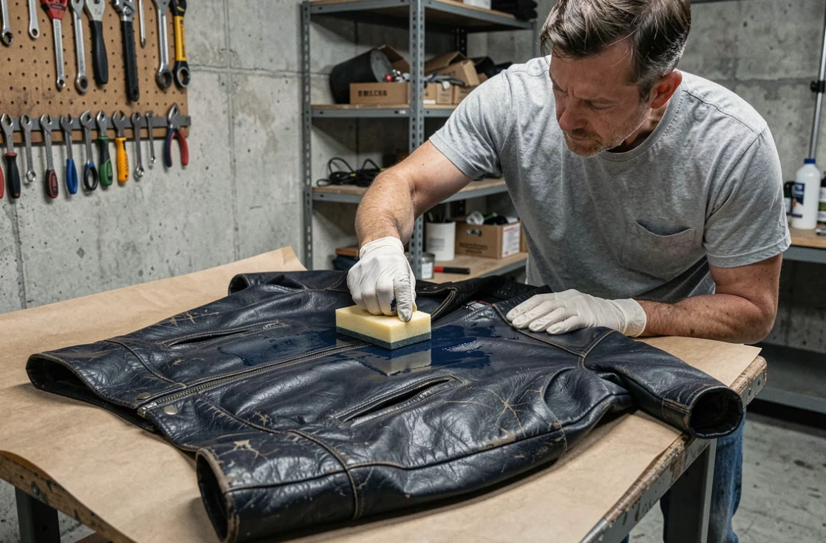 Homme appliquant une teinture cuir marine sur une veste en cuir usée dans un atelier garage