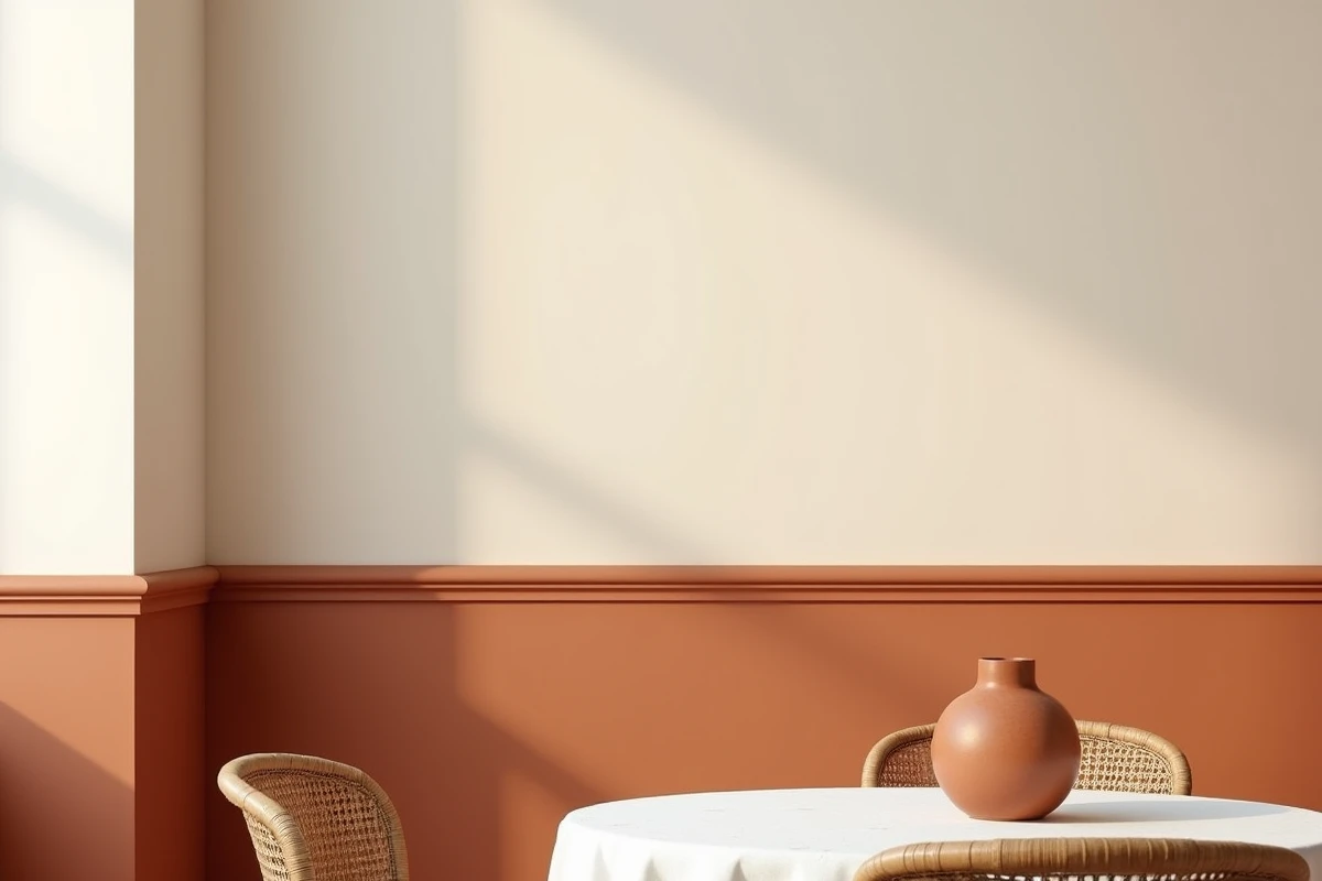 Mur bicolore terracotta et blanc cassé séparé à mi-hauteur dans une salle à manger bistrot avec table ronde