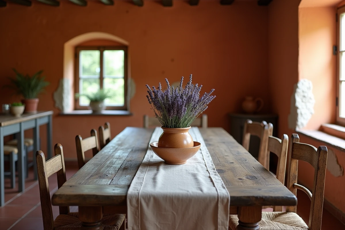 Salle à manger bistrot de campagne avec murs en terre cuite et ocre, table en bois et chaises rustiques en paille
