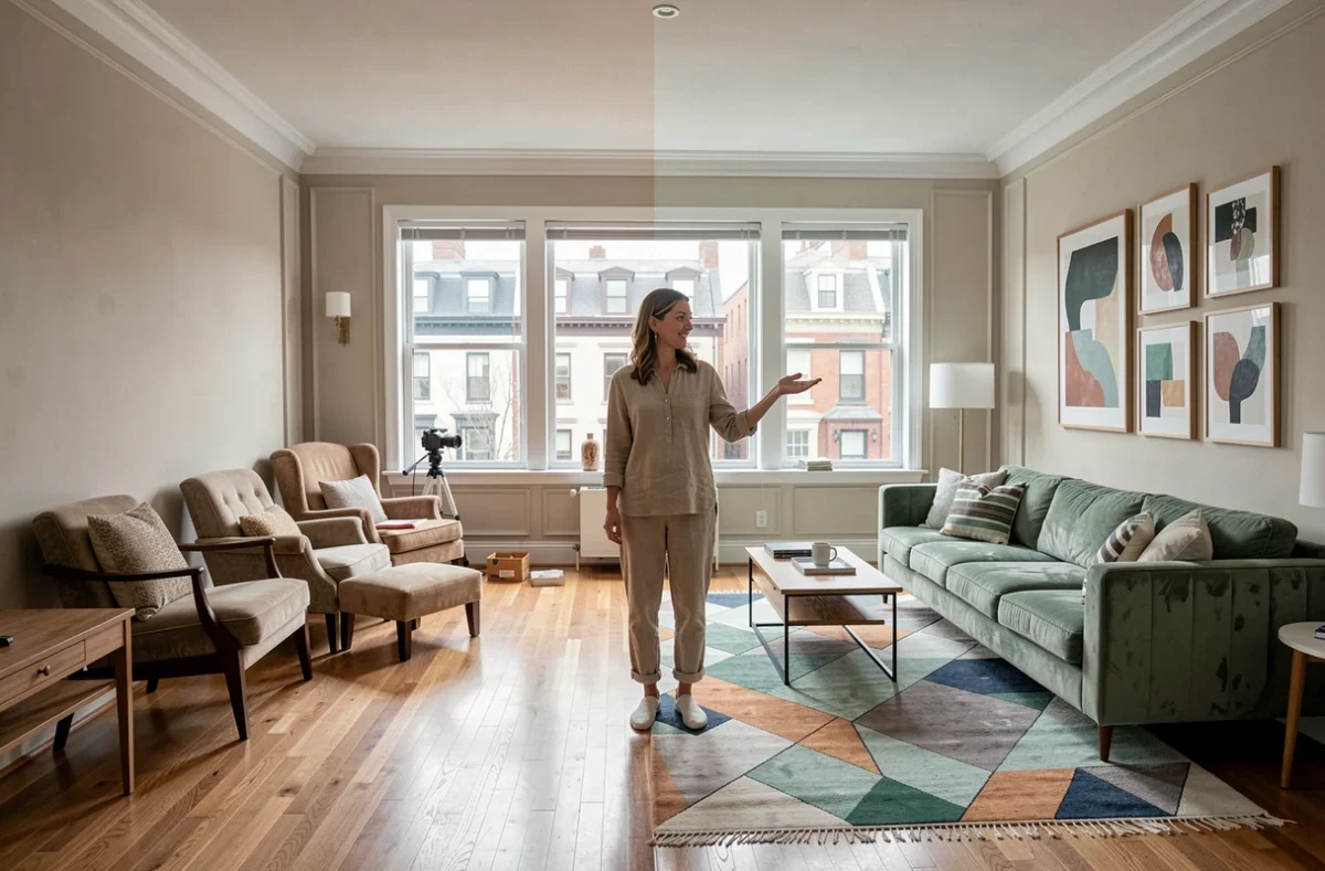 Transformation d'un salon par une décoratrice intérieure montrant l'avant et l'après d'une rénovation décorative réussie