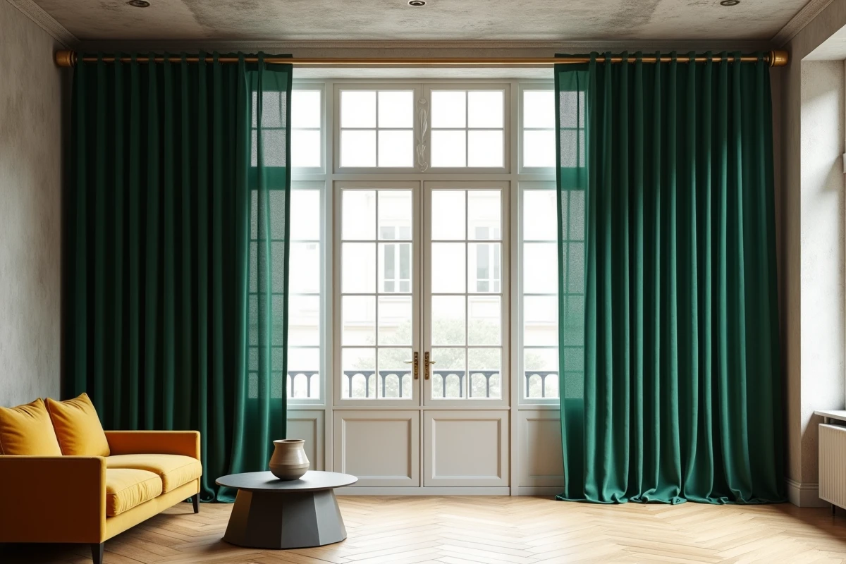 Tringle à rideau avec embouts cylindriques dorés brossés et rideaux en velours vert dans un salon contemporain