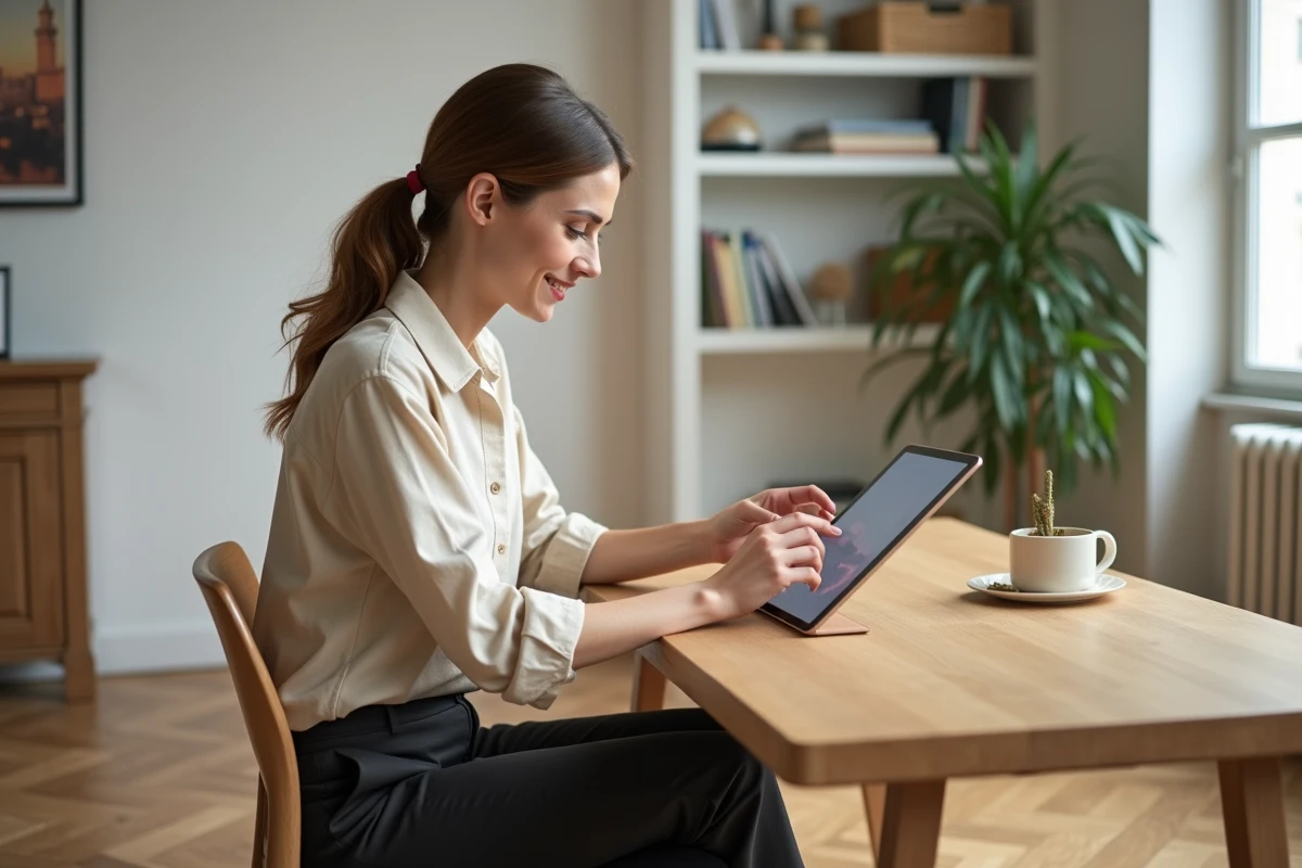 Femme utilisant une application de décoration intérieure sur tablette dans un appartement parisien contemporain