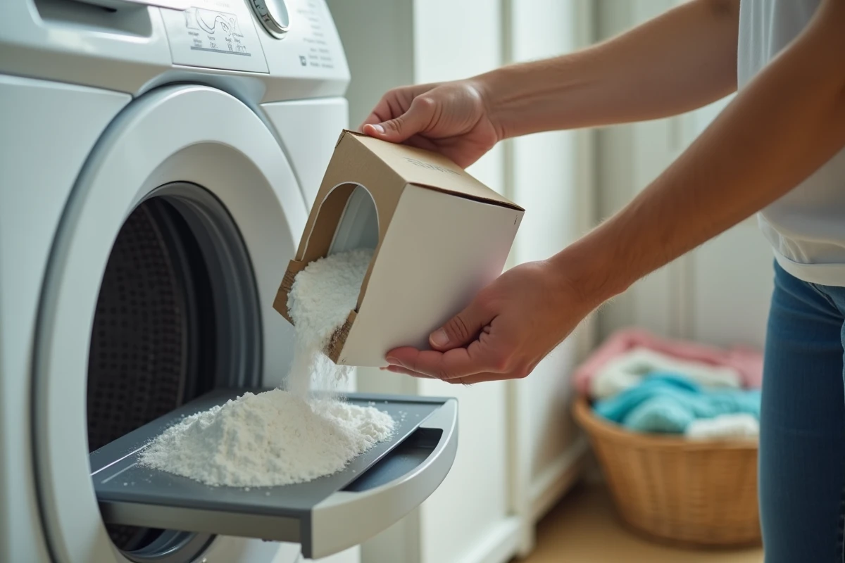 Versement de lessive en poudre dans le bac d'un lave-linge à domicile