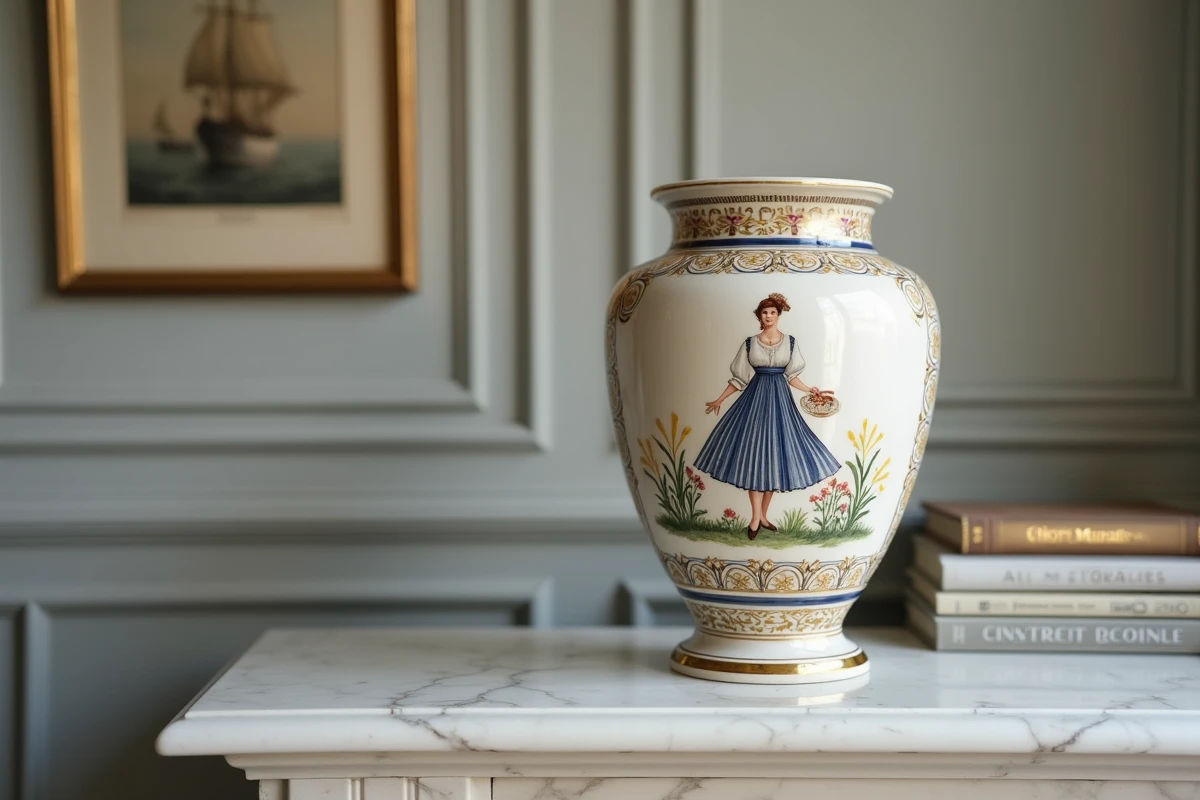 Vase en faïence Henriot Quimper peint à la main avec personnage breton en costume traditionnel, posé sur un manteau de cheminée en marbre dans un salon élégant
