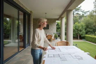 Femme dans une veranda moderne regardant des plans architecturaux
