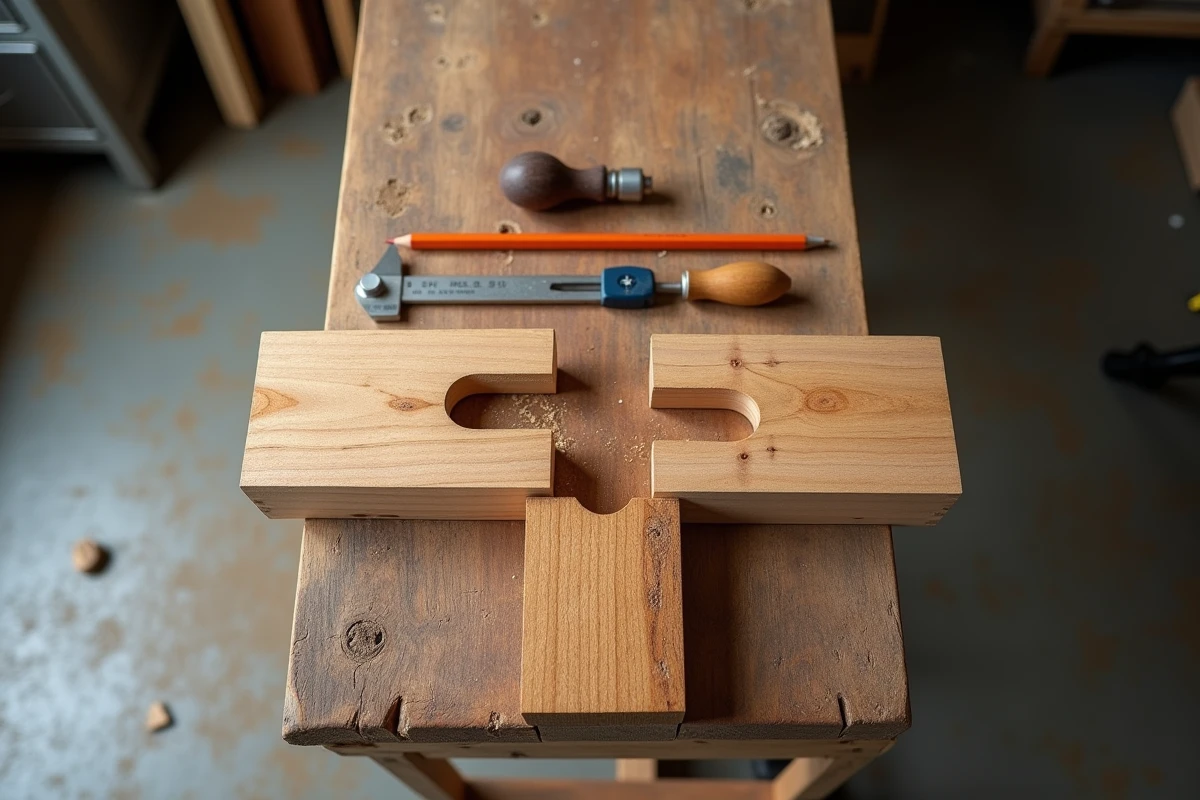 Vue en plongée d'un assemblage tenon et mortaise en cours de vérification sur un établi avec outils de contrôle