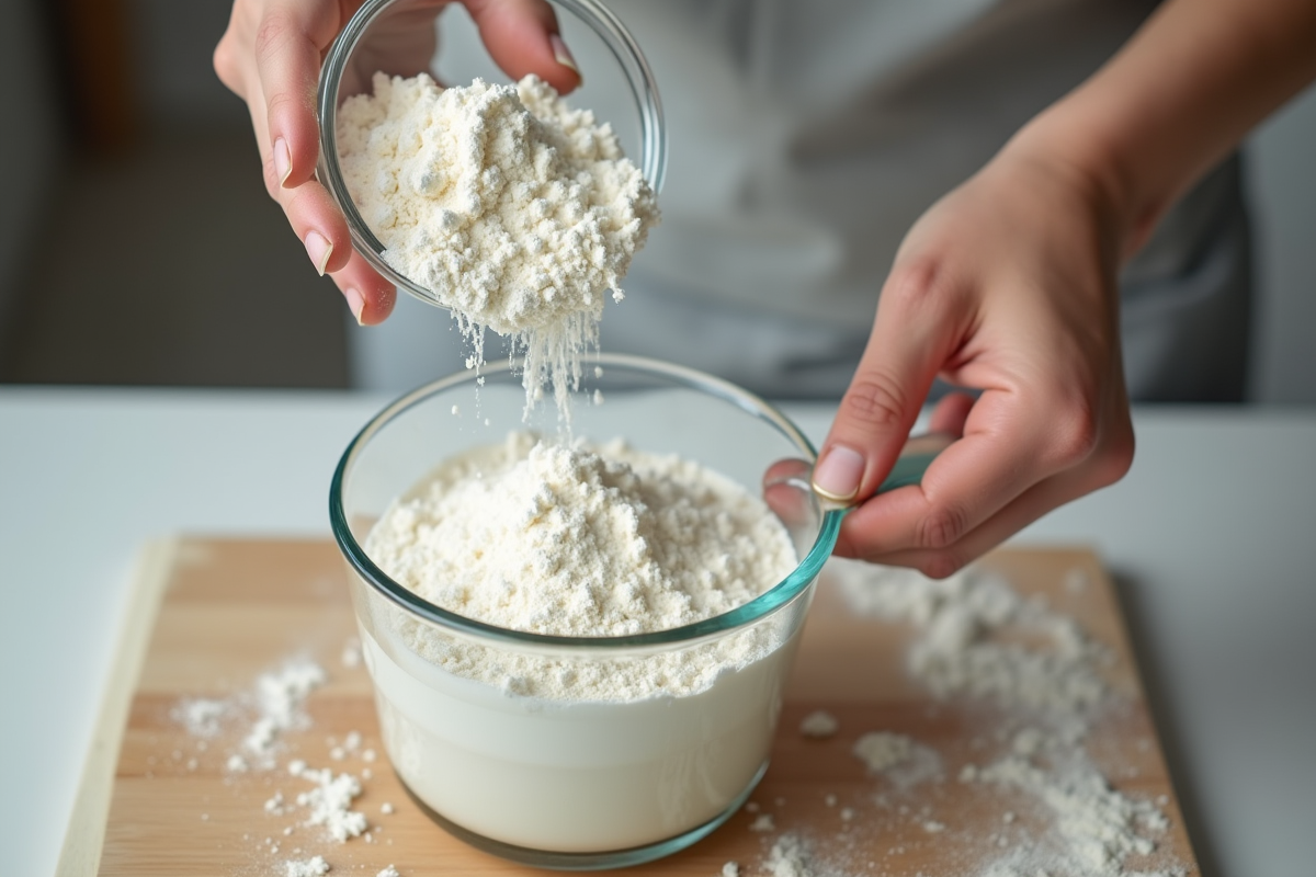 Mains versant 300g de farine dans un verre doseur en cuisine
