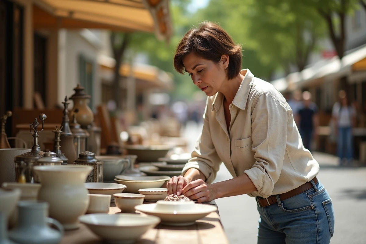 Femme inspectant de la vaisselle ancienne sur un stand de vide grenier en plein air dans les Hauts-de-Seine