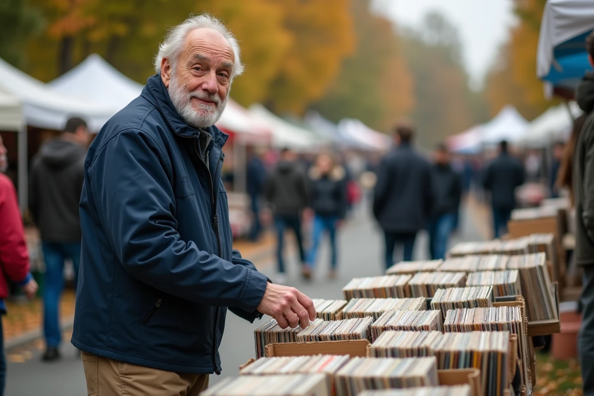 Homme parcourant des vinyles anciens dans un grand vide grenier de banlieue parisienne dans le 92