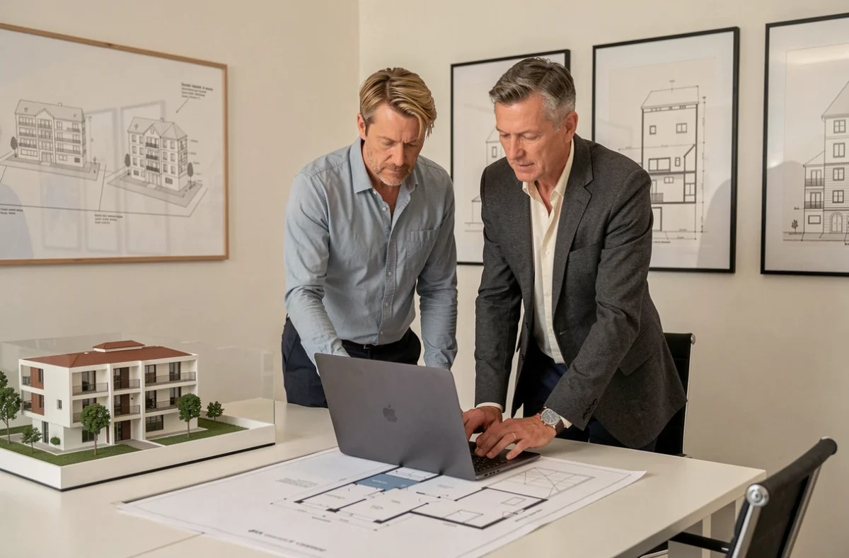 Les deux associés de Vilet Pezin Architecture Aménagement à Calais examinant des plans ensemble